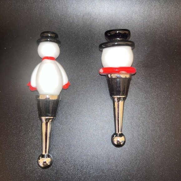 Art Glass Wine Stoppers Winter Snowman Set Of 2 - Picture 3 of 4